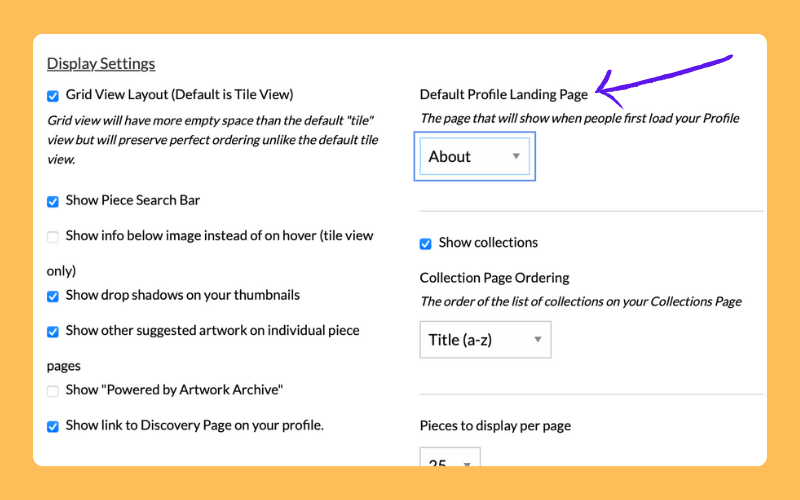 Screenshot of the Public Profile Public Settings page in Artwork Archive displaying the Default Landing Page dropdown on a light orange background.