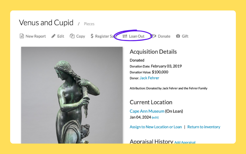A screenshot shows the Loan Out option available when editing a piece record within an Artwork Archive organization account, displayed on a yellow background.