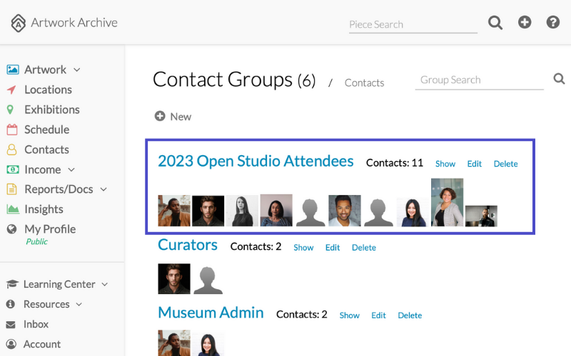Artwork Archive Contacts page with Open Studio group: An image of the Contacts page in Artwork Archive displays various contact groups. A purple rectangle highlights the contact group titled "Open Studio Attendees" for adding interested attendees.