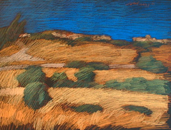Fields Down to the Beach, Rhodes, 1995, pastel, 19x25". by Michael Newberry