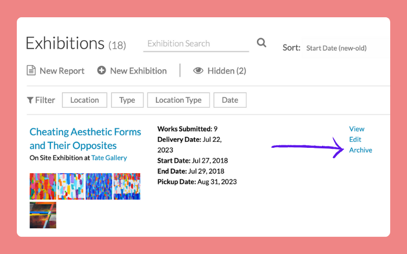 A screenshot shows the Exhibitions page in Artwork Archive with the option to archive outdated exhibition records for closed or previous shows, displayed on a pink background.