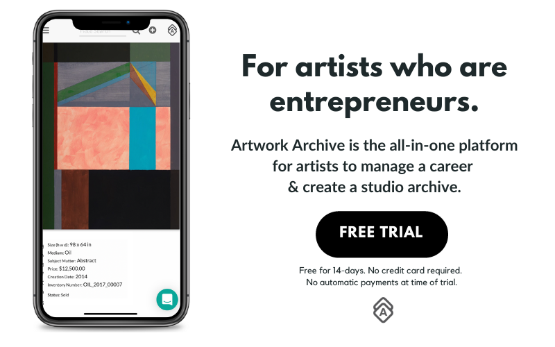 Ad for Artwork Archive: An iPhone displays Artwork Archive open to a piece record. The overlaid text reads "For artists who are entrepreneurs" with additional details below. A black button at the bottom has white text reading "Free Trial".