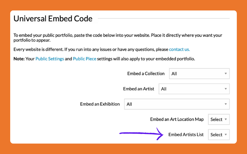 A screenshot shows the integration tab in an Artwork Archive organization account with the option to embed Artists Lists for displaying on a website, displayed on an orange background.
