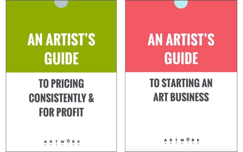 Two ebook covers side-by-side: The left ebook cover is half green with white text that reads "An Artist's Guide to Pricing Consistently & for Profit". The right ebook cover is half pink with text that reads "An Artist's Guide to Starting an Art Business". Both covers demonstrate digital downloadable products for artists.