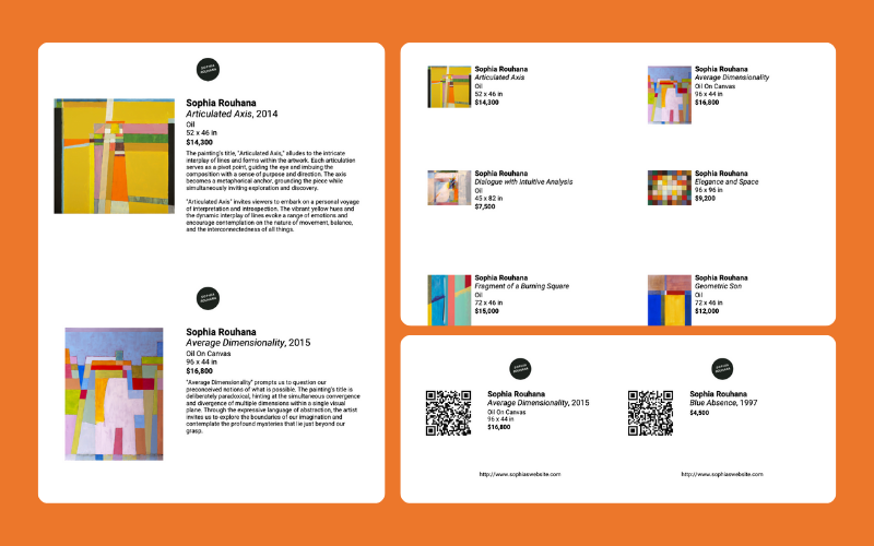 Three-image collage depicting various artwork label options in Artwork Archive, including QR code options for printing on a bright orange background.