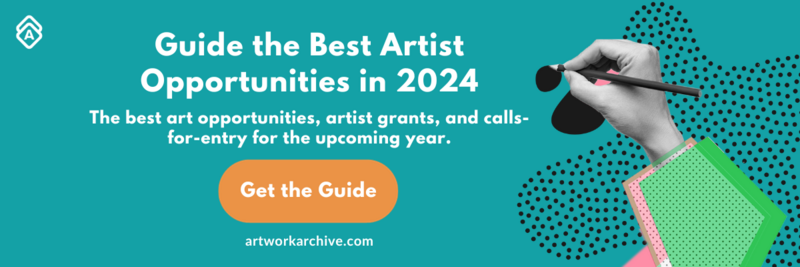A vibrant teal background with a black and white collage cut-out of a hand holding a pencil. White text reads: Get the complete Guide to the top public art calls, residencies, artist grants, and more in 2024. Orange button says Get The Guide
