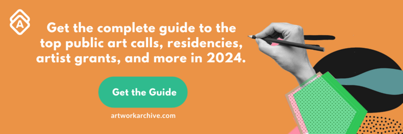 An orange background with a black and white collage cut-out of a hand holding a pencil. White text reads: Get the complete Guide tot he top public art calls, residencies, artist grants, and more in 2024. Green button says Get The Guide