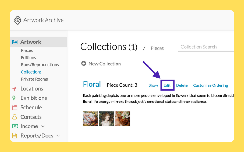 A screenshot shows the Collections page in Artwork Archive with options to edit a selected collection for customization, displayed on a light yellow background.