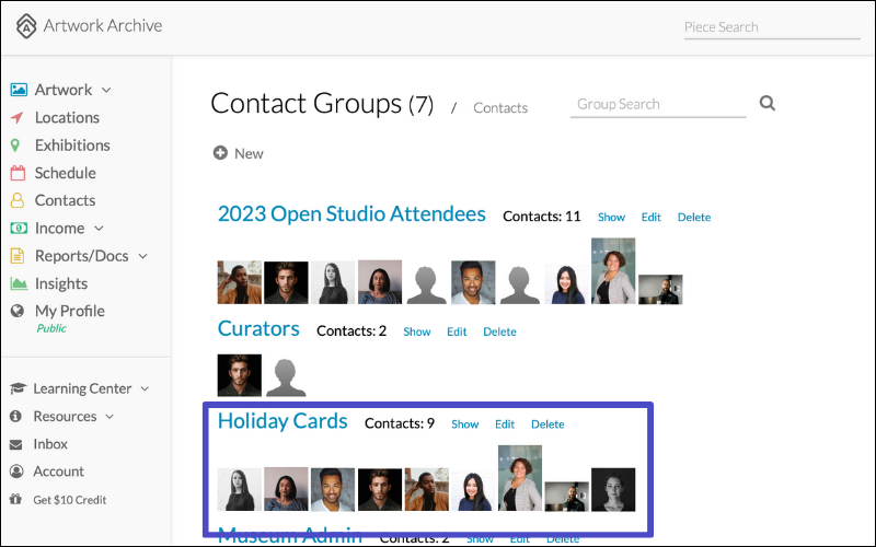 Artwork Archive Contacts page with Holiday Cards: An image of the Contacts page in Artwork Archive displays various contact groups. A purple rectangle highlights the contact group titled "Holiday Cards" for adding contacts to send holiday notes to.