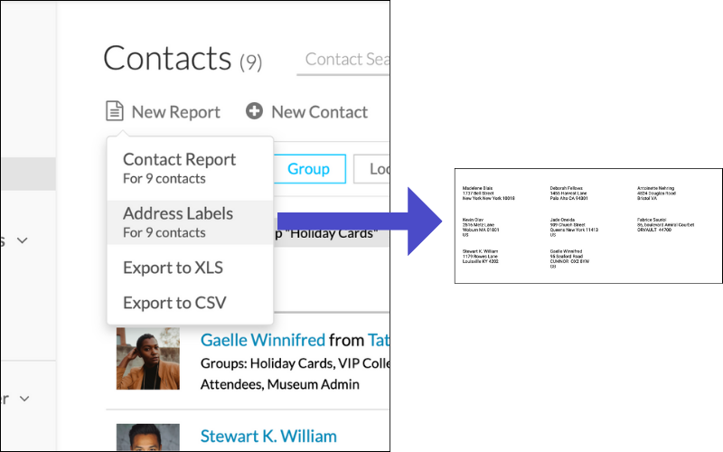Generating address labels in Artwork Archive: An image of the Artwork Archive Contacts page shows the "New Report" button at the top. A purple arrow points to the right at an example of address labels that can be generated, showing contact name and address details.