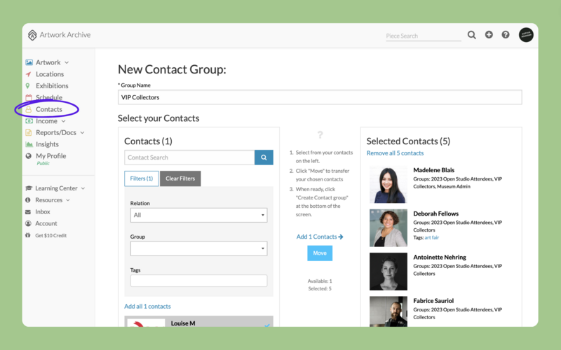 A screenshot shows the Contact Groups page in Artwork Archive with options to select Contacts to add to a specific Group, displayed on a light green background.