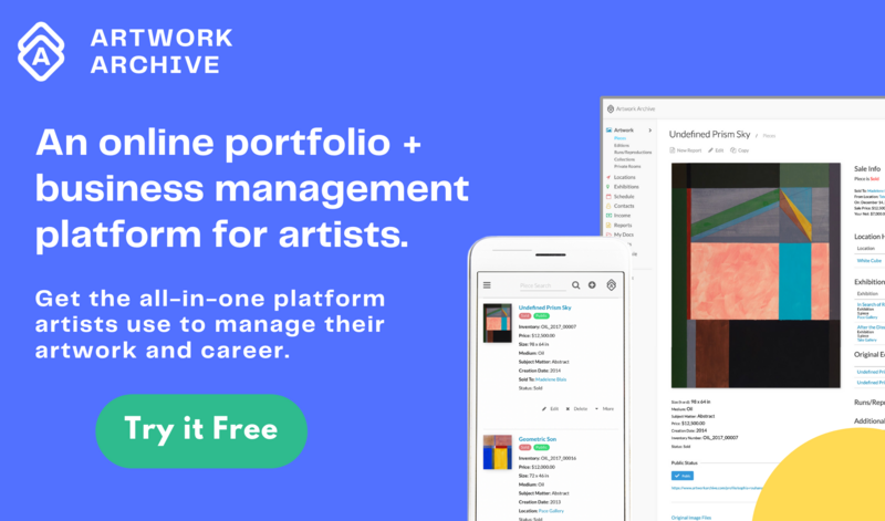 Purple graphic with screenshots of Artwork Archive's system. White text reads: Artwork Archive: An online portfolio + business management platform for artists. Get the all-in-one platform artists use to manage their artwork and career. Green button that says Try it Free leads to Artwork Archive's main sign up page. 