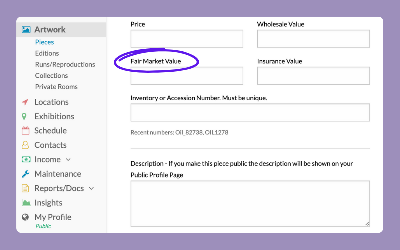 A screenshot shows the Fair Market Value field present when creating a new piece record in an Artwork Archive organization account, displayed on a purple background.
