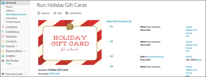 An image shows the reproductions section in Artwork Archive for a piece record. The primary image is a gift card design. This demonstrates the ability to track gift card reproductions and sales within Artwork Archive.