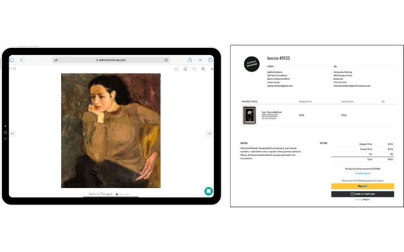 Image of woman in thought with invoice example: An iPad displays a painting of a pondering woman with brown hair and a green sweater leaning on her right hand. To the right of the iPad screen is an example digital invoice from Artwork Archive showing artwork details and a PayPal payment button, demonstrating art sales functionality.