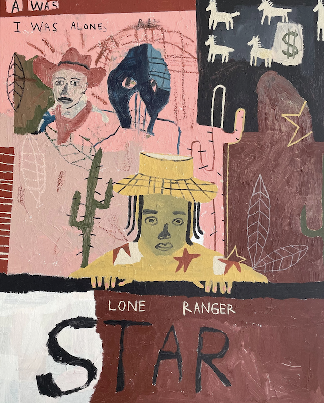 An oil pastel piece entitled Lone Star Ranger. Multiple figures are facing the viewer. One is yellow with red stars, one is light-skinned with a red hat and one is various shades of blue. One part of the painting is shaded in black with 4 white horse outlines and a dollar sign. the bottom third of the piece features text that reads "lone ranger star"