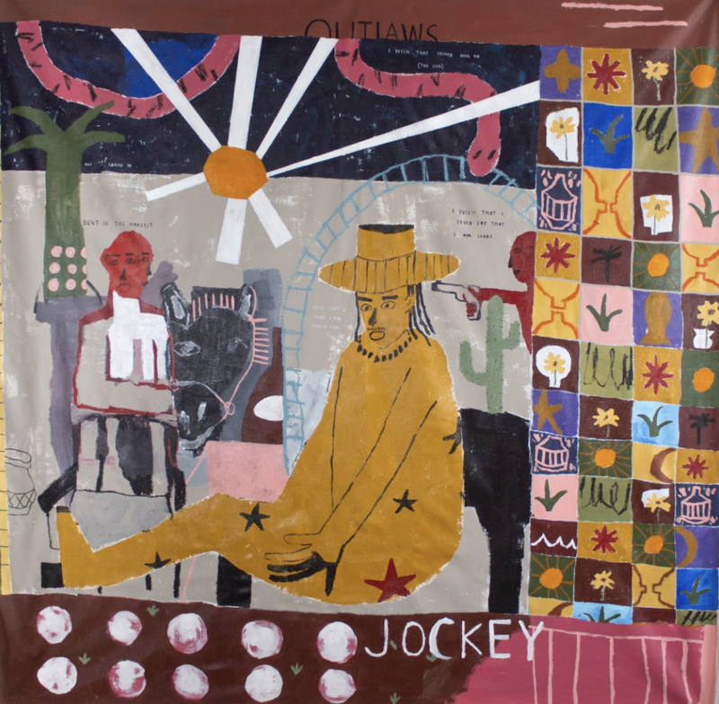 an abstract oil pastel piece entitled "where he stays". Featured a yellow figure of a man wearing a hat sitting with his arms tied in front of him. a smaller red figure is holding a gun next to the yellow man's head. In the background, a red figure with two faces is standing next to what looks like a horse or donkey. 