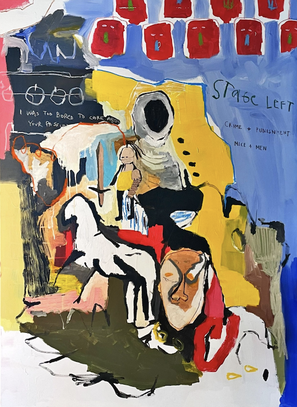 An abstract oil pastel piece featuring shades of blue, yellow, and red. Various figures are gathered together in the bottom left of the paiinting including a figure with a hooded mask, a white outline of an animal, a brown sword, and a small human figure standing next to the sword. Text to the right of the figures reads "Stage left. Crime + punishment Mice + men"