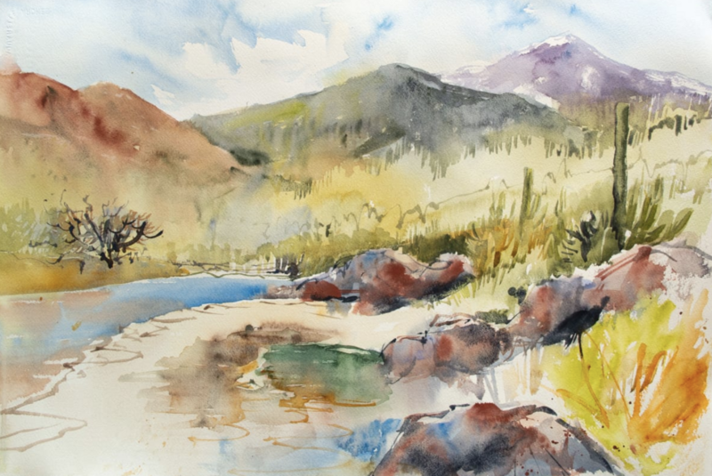 a watercolor painting depicting two mountain peaks and a desert landscape with a stream running through it