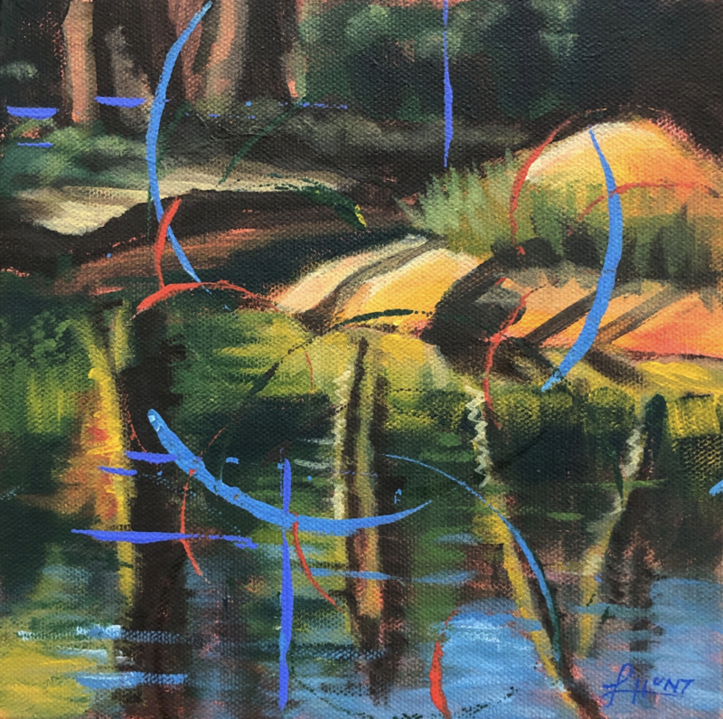 A semi-abstract oil painting depicting a pond within a dense forest. overtop of the painting there are various blue brushstrokes