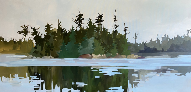 An abstract acrylic painting entitled "Reflecting" depicts a small island dense with trees in the middle of a body of water. The pond is reflecting the island. The colorr palette is a mix of muted greens and blues and other neutral tones