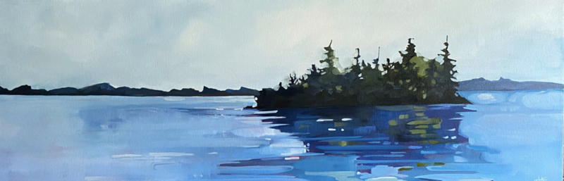 An abstract acrylic painting of a small dense island full of trees. in the middle of a body of water. A dark mountain horizon is in the background. The color palette is made up of mostly blue hues, included vibrant blues of the water