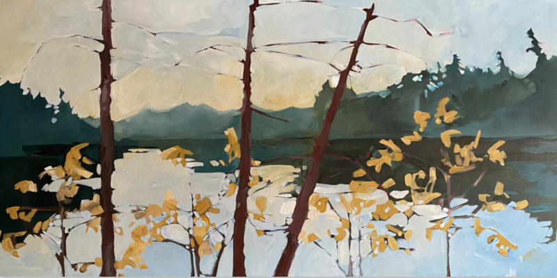 An abstract acrylic painting depicting a nature landscape of a body of water surrounded by green forest. There are 3 skinny, bare brown branches in the foreground of the painting along with smaller trees bearing sparse but bright yellow leaves. The color palette is muted greens, blues, and yellows along with natural tones.