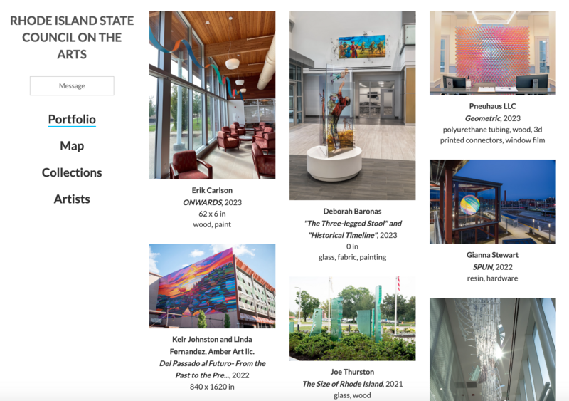 Screenshot showing multiple art installations in indoor and outdoor spaces made out of wood, glass and colorful materials.