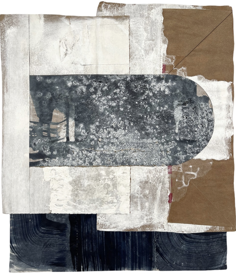 abstract artwork by Rebecca Youssef, titled "Winter No. 10," measuring 14 x 12 x 0.1 inches. The piece exhibits a variety of textures and layers, suggesting the use of mixed media. A dark, textured upper layer, possibly a black painted surface, is juxtaposed with lighter elements, including what seems to be white paper or fabric with a delicate pattern. Below, a section of smooth white material is torn to reveal underlying layers. A piece of brown paper or cardboard with a torn edge adds an organic feel to the composition. The bottom of the piece is dominated by deep blue or black strokes, which give the impression of brushwork or another form of mark-making.