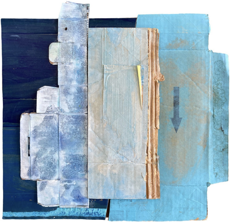 abstract artwork titled "Which Way Are We Going?" by Rebecca Youssef, with dimensions of 16.25 x 17 x 0.25 inches. The piece is composed of different materials in varying shades of blue, alongside other elements that suggest a collage technique. On the left, a deep navy or black section anchors the composition, above which are layered pieces of lighter blue that resemble faded and weathered pages or tiles. These elements create a staircase-like pattern ascending from left to right. On the right side, a large field of light blue is marked by a bold, dark blue downward arrow, introducing a directional contrast to the ascending forms. The right edge shows frayed textures and worn edges, adding to the tactile quality of the piece