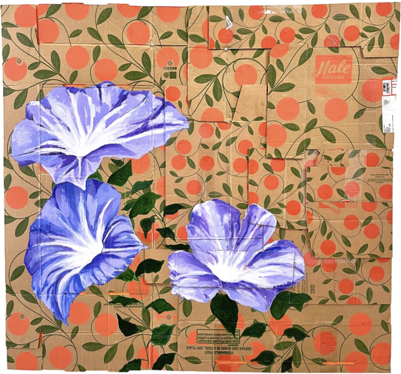 artwork by Rebecca Youssef titled "Bonamia Grandiflora (Florida bonamia)," sized at 40.5 x 43.5 inches. The canvas is a creative repurposing of a Hale Groves cardboard box, which is visible through the transparent areas of the painting. The natural cardboard background, with printed orange circles and leaves, suggests a citrus grove theme consistent with the brand. Over this, large, vivid blue flowers are painted, with visible brushstrokes providing texture and contrast to the geometric regularity of the orange and green printed pattern.