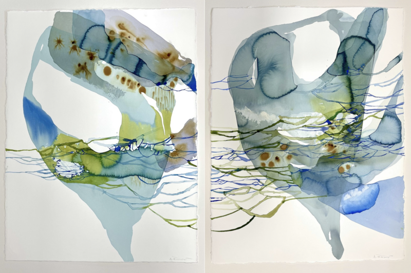  two abstract watercolor paintings by Ana Žanić, titled "Viridis I and II," each measuring 30 x 22 inches. These artworks display a harmonious blend of blues and greens, with elements of brown that create organic shapes and textures. Delicate line work overlays the washes of color, adding a sense of structure to the fluidity of the watercolor. The paintings have a dreamlike, ethereal quality, with translucent layers that suggest depth and movement.